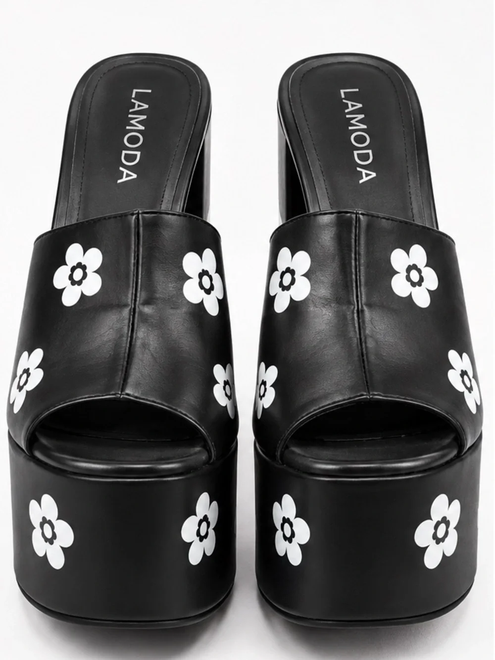Lamo Black Leather Platform Mule Sandals with White Floral Print